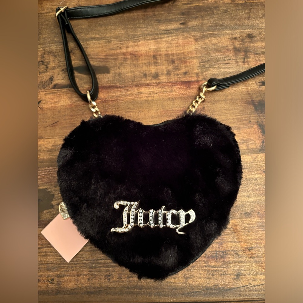 Juicy Couture Faux Fur Heart Crossbody in Liquorice Black, NEW with TAG